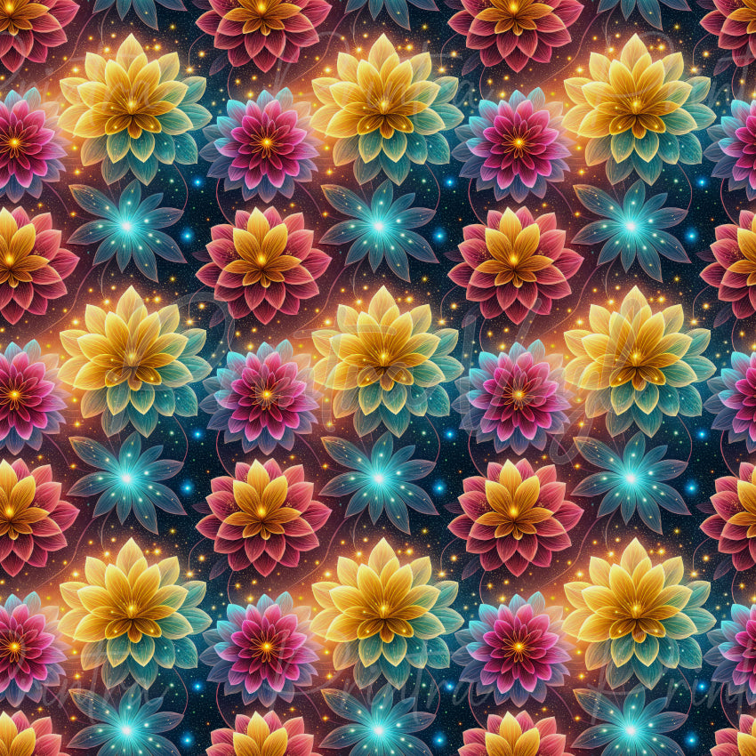 Starlight Bloom patterned vinyl featuring luminous gold, pink, and aqua flowers, sparkling celestial accents, and glowing botanical details on a star-filled cosmic background.