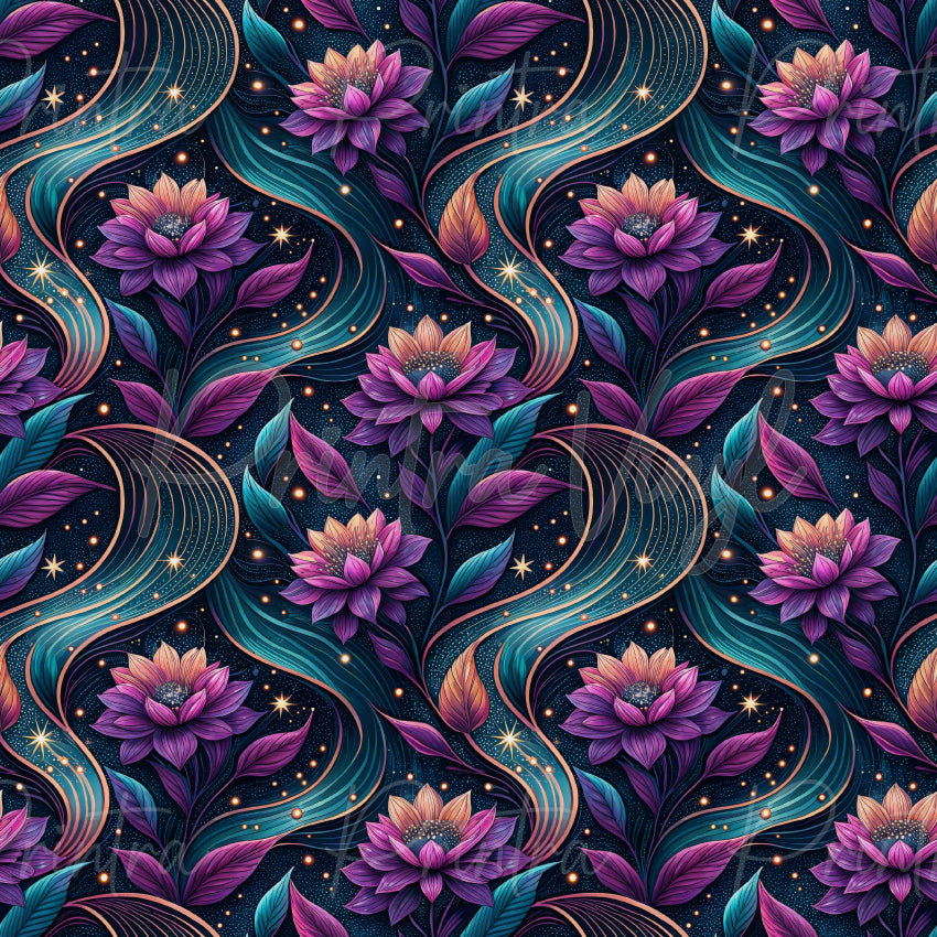 Aurora Lights Patterned Vinyl featuring purple and pink floral blooms, flowing teal ribbons, and glowing stars on a dark cosmic background
