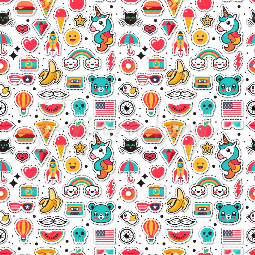 Stickerland patterned vinyl featuring a colourful collection of sticker-style illustrations including unicorns, rainbows, rockets, cameras, hearts, cats, bears, bananas, pizza slices, hot air balloons, sunglasses, and other fun retro-inspired icons on a white background.