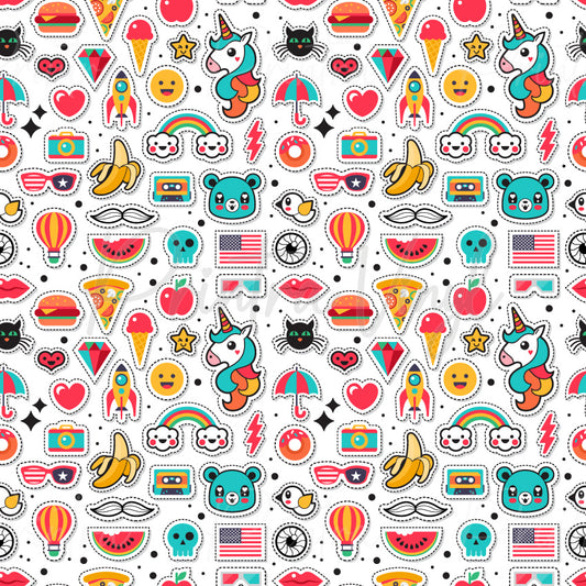 Stickerland patterned vinyl featuring a colourful collection of sticker-style illustrations including unicorns, rainbows, rockets, cameras, hearts, cats, bears, bananas, pizza slices, hot air balloons, sunglasses, and other fun retro-inspired icons on a white background.