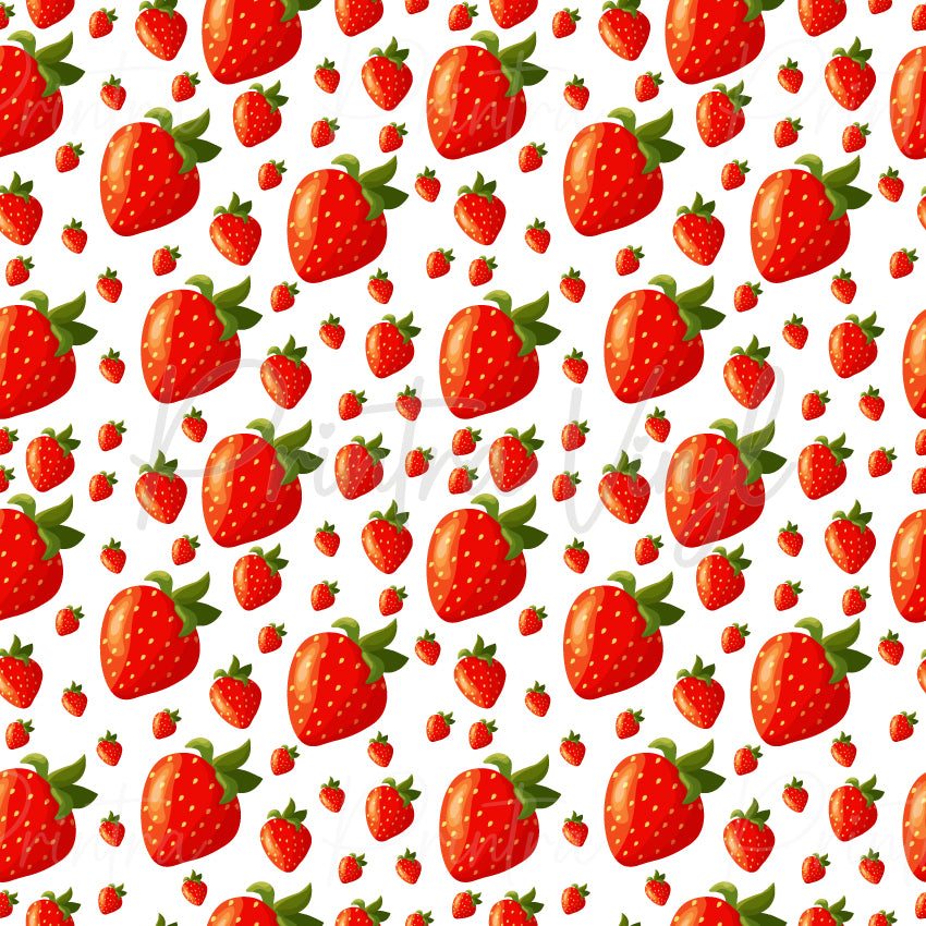 Strawberries #01 patterned vinyl featuring bright red strawberries with green leaves scattered across a white background, creating a fresh and playful fruit-inspired design for decals, tumblers and craft projects.