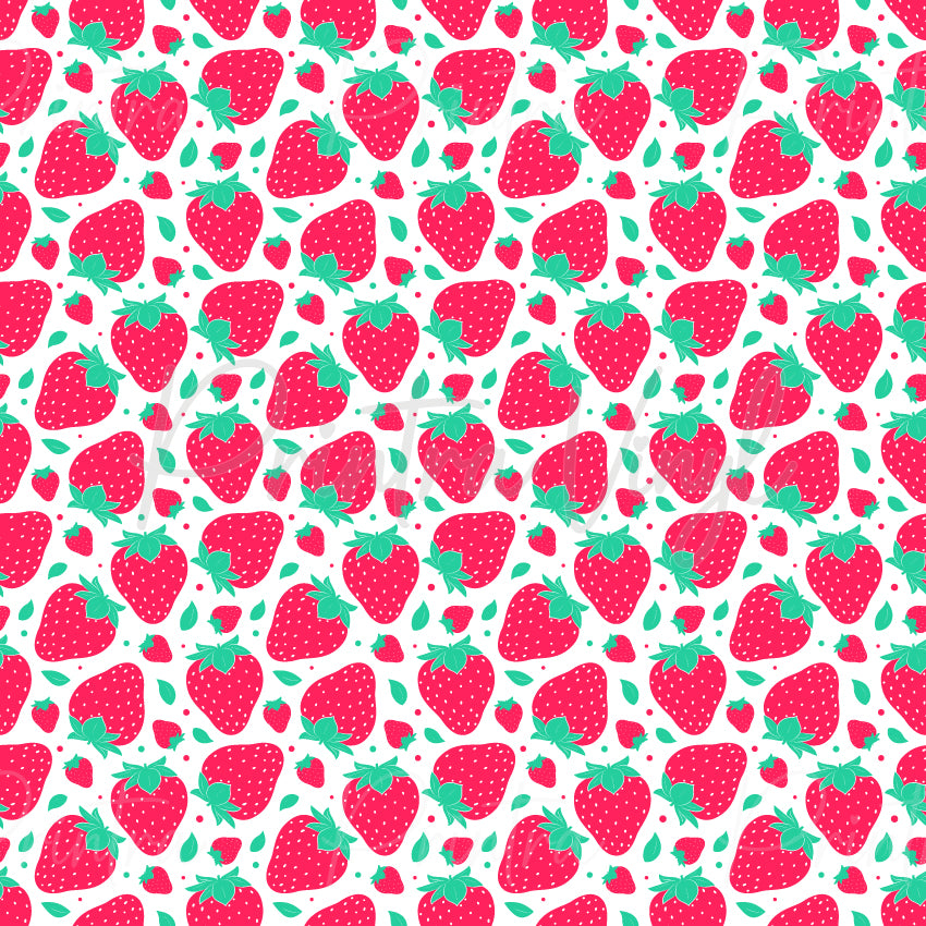 Strawberries #02 patterned vinyl featuring bright red strawberries, tiny strawberry accents and scattered green leaves on a white background, creating a sweet fruit-inspired design for decals, tumblers and craft projects.
