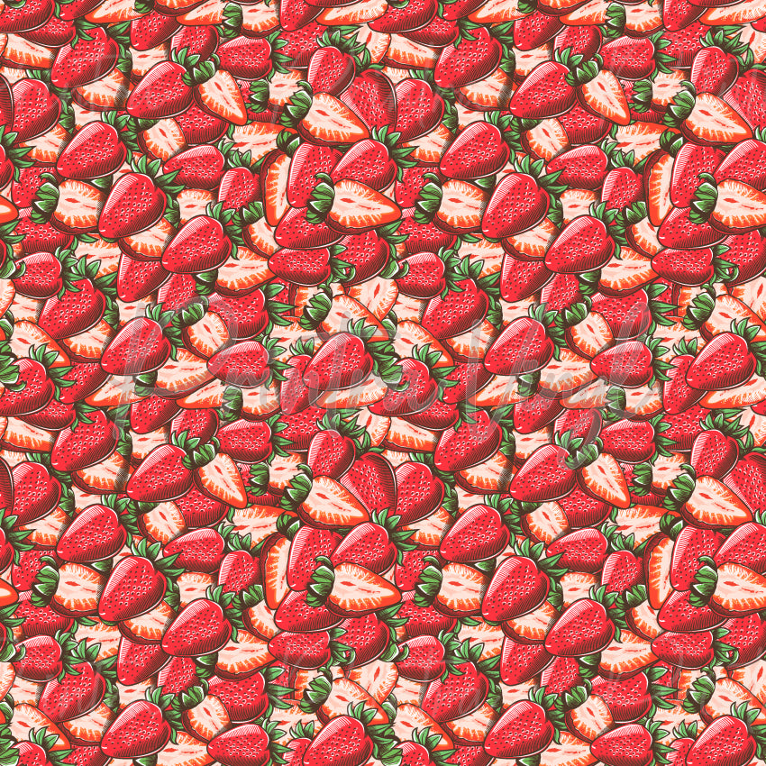 Strawberries #03 patterned vinyl featuring realistic whole and sliced strawberries with vibrant red fruit, detailed seeds and green leaves in a dense fruit-inspired design on a soft blush background.