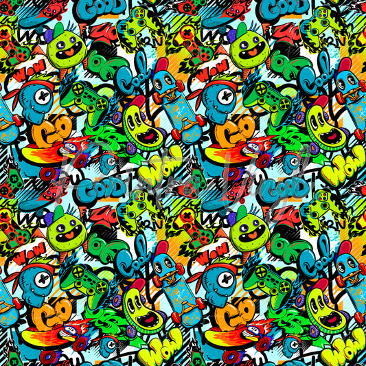Street Jam patterned vinyl featuring a vibrant graffiti-inspired collage of skateboards, game controllers, cartoon monsters, doodle characters, bold comic-style text, paint splatters, and street-art elements in bright neon green, blue, orange, red, and yellow tones.