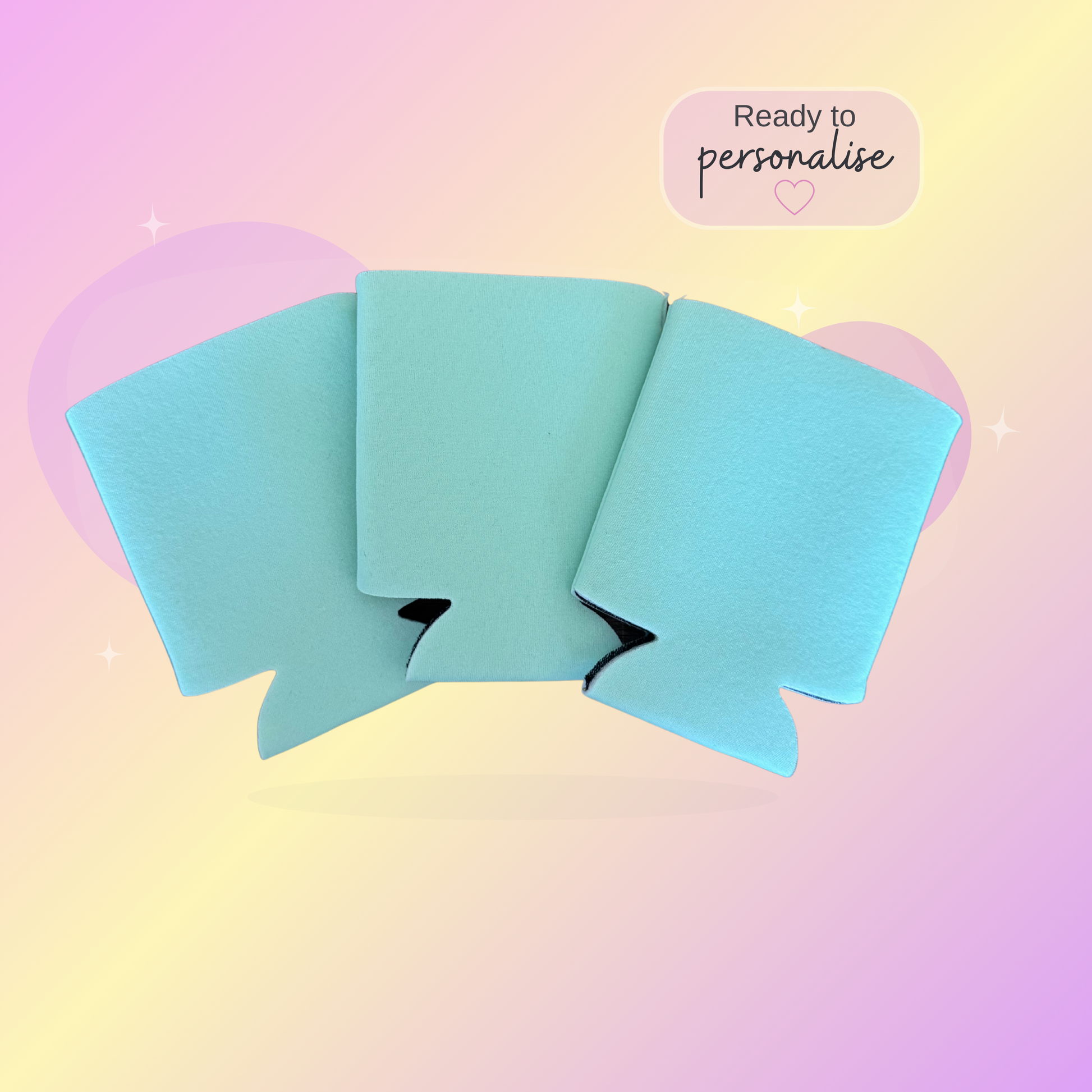 Pastel Green stubby coolers on a pastel gradient background with text 'Ready to personalise'.