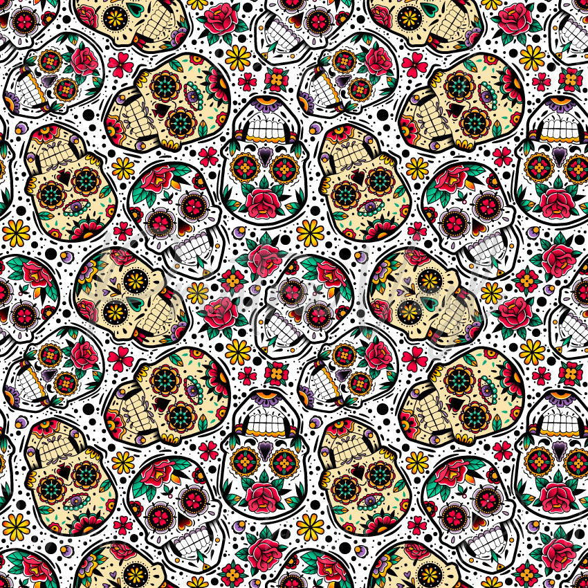 Sugar Skulls patterned vinyl featuring colourful Day of the Dead sugar skulls decorated with roses, floral motifs and intricate folk-art details in red, pink, yellow, turquoise and purple on a white background with black speckled accents.