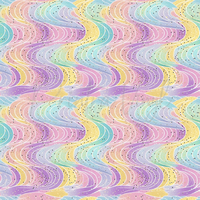 Sugar Swirls patterned vinyl featuring flowing pastel ribbons in pink, lavender, mint, blue, and butter yellow, accented with delicate glitter-like speckles and soft marbled textures.