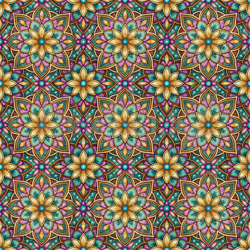 Sunlit Lotus #01 patterned vinyl featuring ornate lotus mandalas in gold, turquoise, pink, and purple, with intricate mosaic textures and shimmering stained-glass-inspired details.