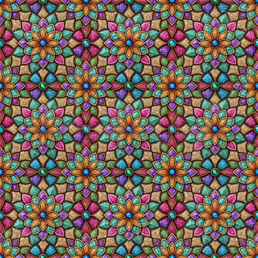 Sunlit Lotus #03 patterned vinyl featuring intricate lotus-inspired mandalas in gold, teal, purple, and pink, with stained-glass details and shimmering mosaic textures.