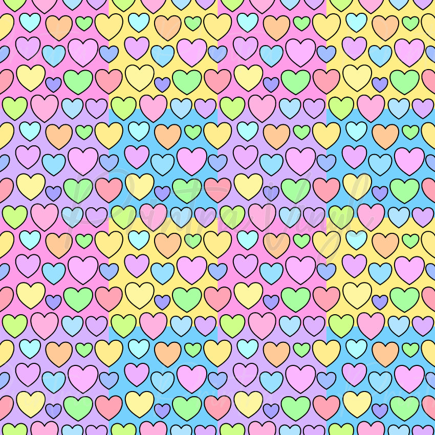Sweet Love #01 patterned vinyl featuring colourful pastel hearts in pink, yellow, lavender, blue, mint and peach tones on a playful colour-block background with a fun love-themed design.