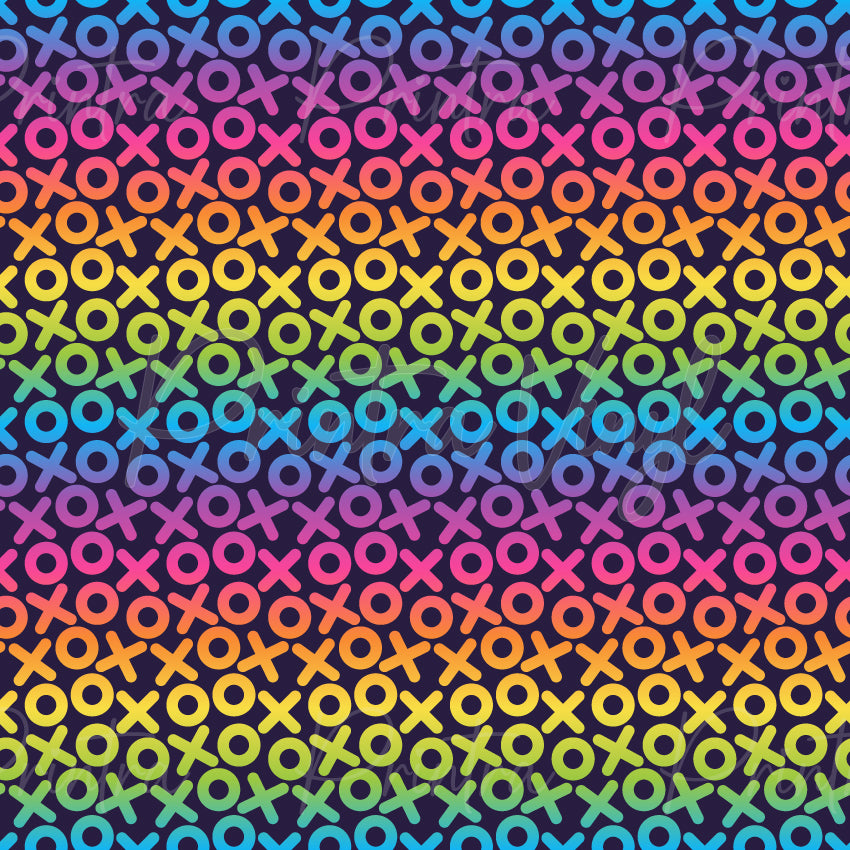 Sweet Love #02 patterned vinyl featuring bold XOXO symbols in vibrant rainbow colours on a black background, creating a playful Valentine’s Day love-themed design.