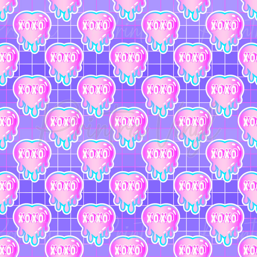 Sweet Love #03 patterned vinyl featuring dripping pink XOXO hearts on a purple grid background with a playful retro Valentine’s Day love-inspired design.