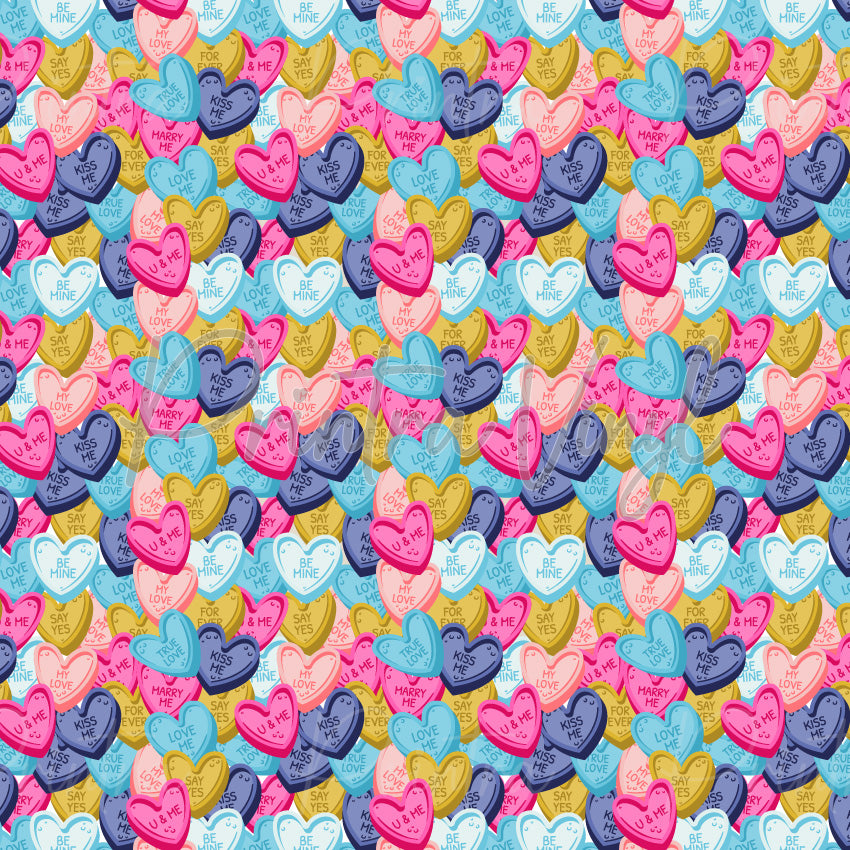 Sweet Love #04 patterned vinyl featuring colourful conversation hearts with playful candy-inspired messages in pink, blue, gold and purple tones, creating a fun Valentine’s Day love heart design.