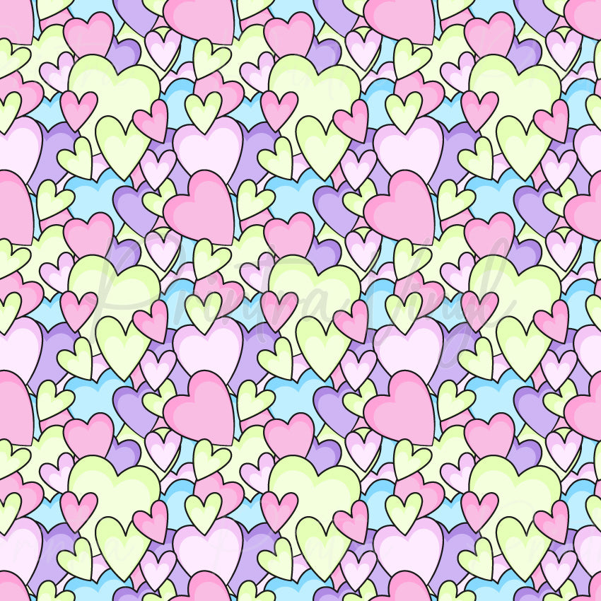Sweet Love #05 patterned vinyl featuring layered pastel hearts in pink, lavender, mint green and sky blue tones with a playful doodle-style love design.