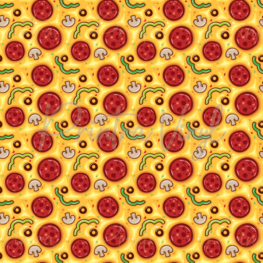 Tasty Toppings patterned vinyl featuring delicious pizza-inspired ingredients including pepperoni slices, mushrooms, black olives, green capsicum strips, and melted cheese details scattered across a warm golden pizza base background.