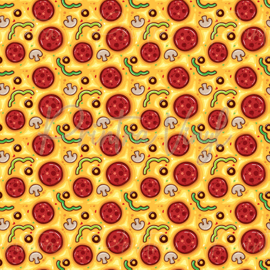 Tasty Toppings patterned vinyl featuring delicious pizza-inspired ingredients including pepperoni slices, mushrooms, black olives, green capsicum strips, and melted cheese details scattered across a warm golden pizza base background.