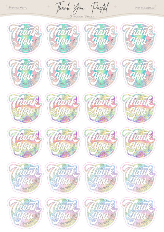 Thank You Pastel Sticker Sheet featuring 24 die-cut thank you stickers in soft pastel rainbow colours, including pink, blue, yellow, green, and lilac. Perfect for small business packaging, orders, gifts, and happy mail.