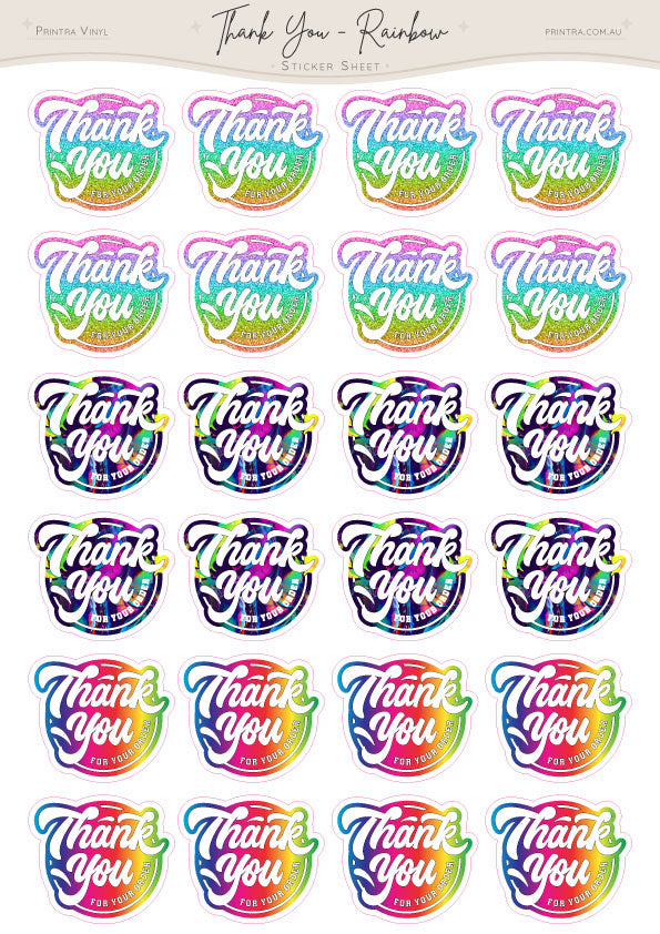 A sheet of Thank you stickers in rainbow colours