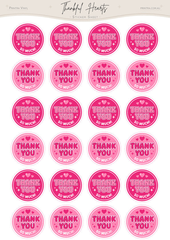 Thankful Hearts Sticker Sheet featuring 24 round pink thank you stickers with hearts, sparkles, and "Thank You So Much!" text. Perfect for small business packaging, customer orders, gifts, envelope seals, and happy mail.