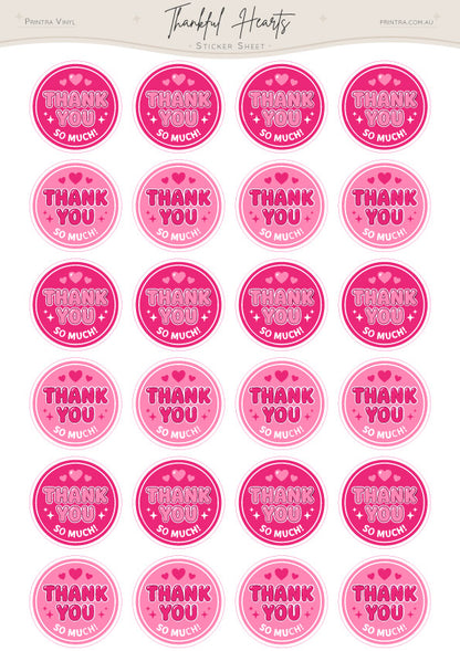 Thankful Hearts Sticker Sheet featuring 24 round pink thank you stickers with hearts, sparkles, and "Thank You So Much!" text. Perfect for small business packaging, customer orders, gifts, envelope seals, and happy mail.