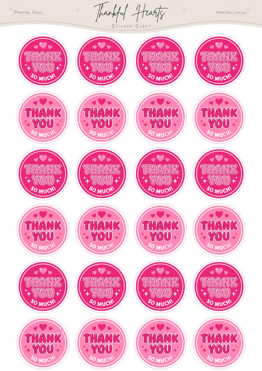 Thankful Hearts Sticker Sheet featuring 24 round pink thank you stickers with hearts, sparkles, and "Thank You So Much!" text. Perfect for small business packaging, customer orders, gifts, envelope seals, and happy mail.