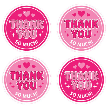 Close-up of four round Thankful Hearts stickers in bright and light pink shades featuring heart icons, sparkles, and bold "Thank You So Much!" text. Perfect for small business packaging, customer orders, gifts, and envelope seals.
