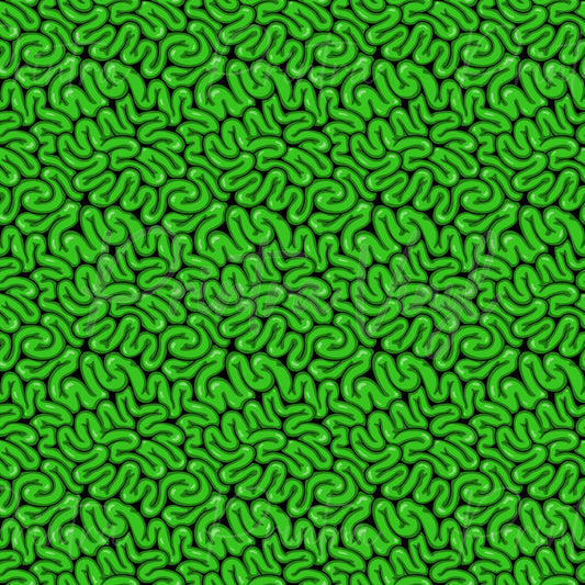Toxic Brain patterned vinyl featuring a dense collection of bright neon green brain illustrations with glossy highlights, detailed folds, and bold black shading, creating a striking zombie-inspired horror design.