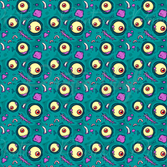 A repeating psychedelic pattern featuring large cartoon eyes with red pupils, pink and purple abstract shapes on a teal background.