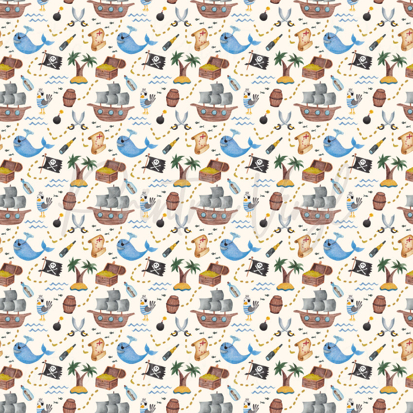 Copilot said:

Treasure Hunt patterned vinyl featuring pirate ships, treasure chests, treasure maps, palm trees, whales, pirate flags, anchors, telescopes, barrels, and seagulls scattered across a light nautical background.