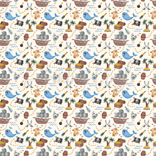 Copilot said:

Treasure Hunt patterned vinyl featuring pirate ships, treasure chests, treasure maps, palm trees, whales, pirate flags, anchors, telescopes, barrels, and seagulls scattered across a light nautical background.