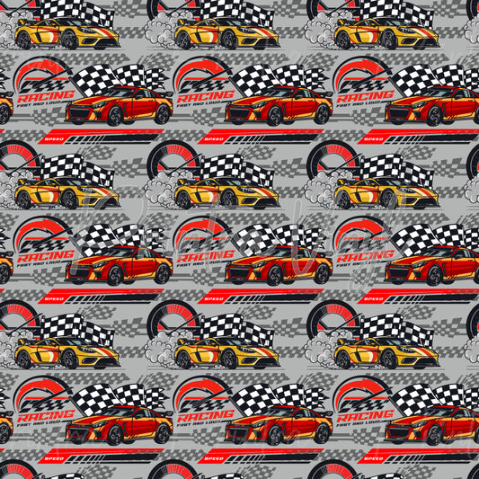 Turbo Tracks patterned vinyl featuring high-performance racing cars, checkered flags, speedometers, tyre smoke, and motorsport graphics in bold red, yellow, black, white, and grey tones on a dynamic race-inspired background.