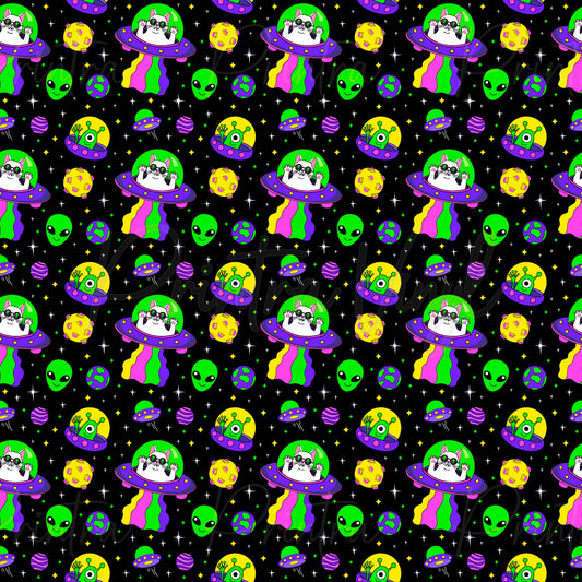 UFO Joyride patterned vinyl featuring playful cats riding in colourful flying saucers, friendly green aliens, planets, stars, and rainbow tractor beams on a black galaxy background in bright neon-inspired colours.