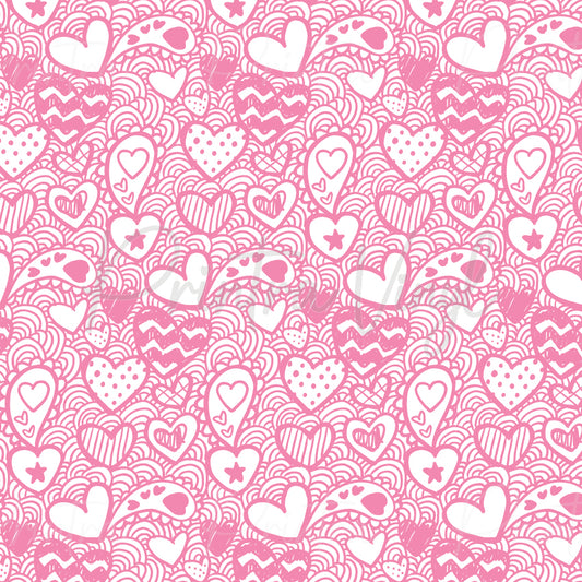Valentine's Day #12 patterned vinyl featuring a playful pink doodle design with hearts, stars, stripes, polka dots, and hand-drawn love-themed illustrations layered over a whimsical, scalloped background.