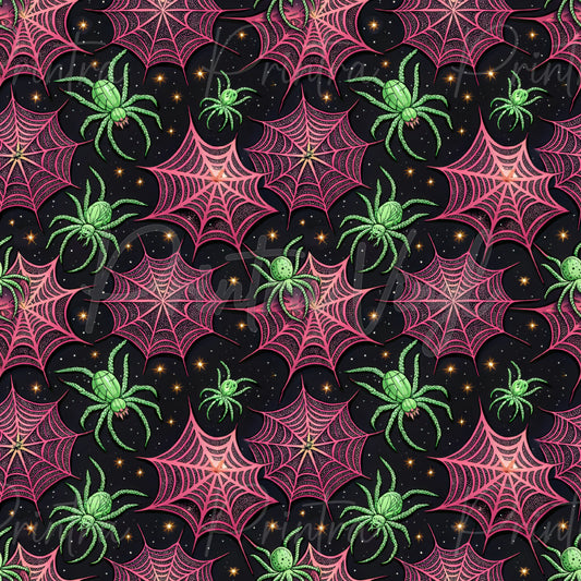 Venom Webs patterned vinyl featuring bright green spiders crawling across intricate pink spiderwebs on a dark starry background, creating a bold and playful spooky-season design.