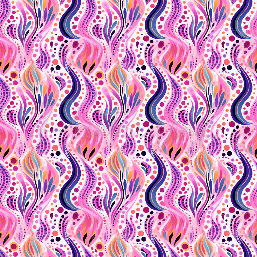 Whimsical Blossoms #01 patterned vinyl featuring flowing abstract floral motifs, whimsical botanical shapes and dotted accents in vibrant pink, purple, coral, orange and blue tones on a soft blush background.
