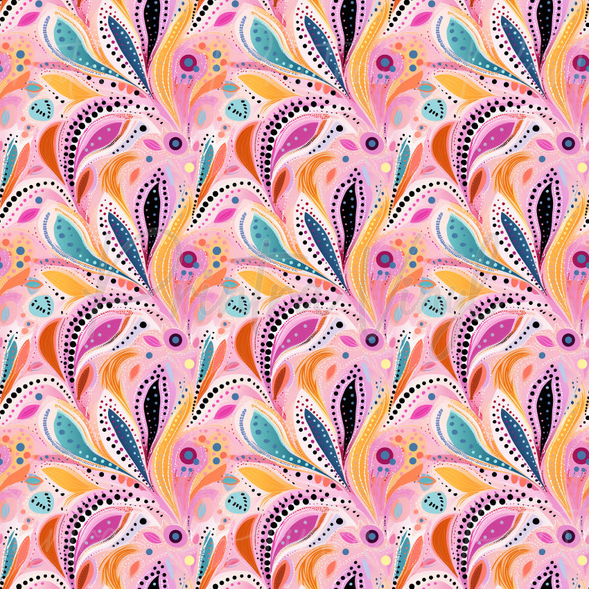 Whimsical Blossoms #02 patterned vinyl featuring vibrant abstract floral motifs, flowing botanical shapes and intricate dotted details in pink, peach, coral, yellow, teal and lavender tones on a soft blush background.