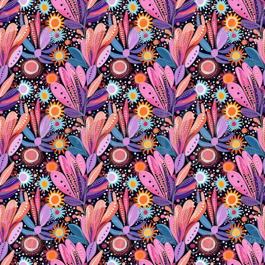 Whimsical Blossoms #03 patterned vinyl featuring vibrant hand-drawn flowers, leafy botanical elements and playful dotted accents in pink, purple, blue, coral and orange tones on a dark navy background.