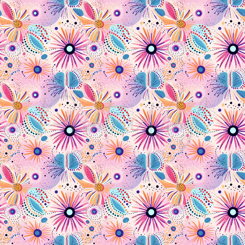 Whimsical Blossoms #04 patterned vinyl featuring colourful hand-drawn flowers, botanical leaves and playful dot accents in pink, purple, blue, orange and yellow tones on a soft blush background.