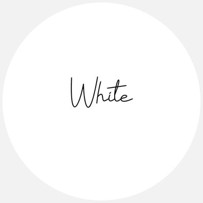 A white round swatch with the name White in the centre.