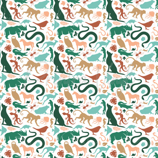 Wildlife Wonders patterned vinyl featuring a diverse collection of wildlife silhouettes including bears, monkeys, snakes, crocodiles, birds, owls, horses, jellyfish, seahorses, and other land and marine animals in soft green, teal, tan, and terracotta tones on a white background.