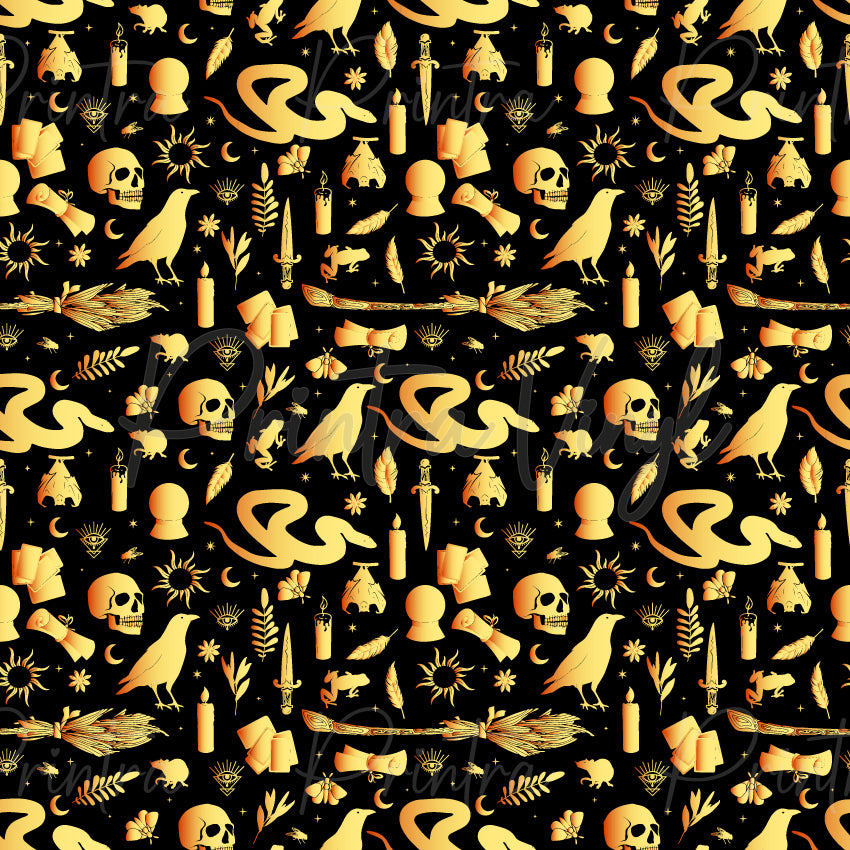 Witchcraft #01 patterned vinyl featuring ravens, snakes, crystal balls, skulls, tarot cards, candles, daggers and celestial symbols in glowing shades of gold, amber and orange scattered across a deep black background in a mystical witchcraft-inspired design.