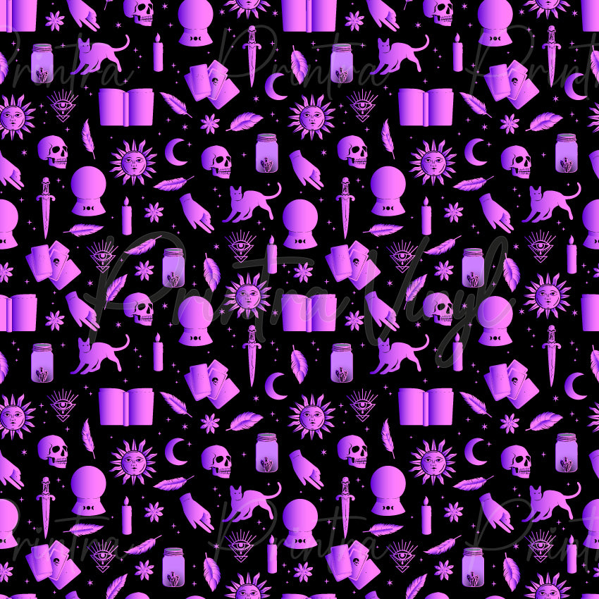Witchcraft #03 patterned vinyl featuring mystical crystal balls, tarot cards, crescent moons, skulls, black cats, candles, feathers and celestial symbols in glowing shades of purple, lavender and magenta scattered across a deep black star-filled background.