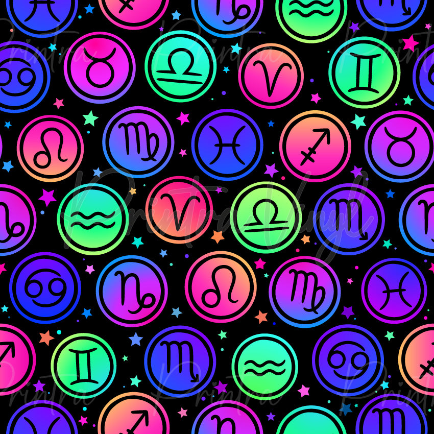 Zodiac Icons #01 patterned vinyl featuring colourful zodiac symbol badges in vibrant neon gradients of pink, purple, blue, aqua, green and peach, scattered across a black background with bright star accents and celestial details.