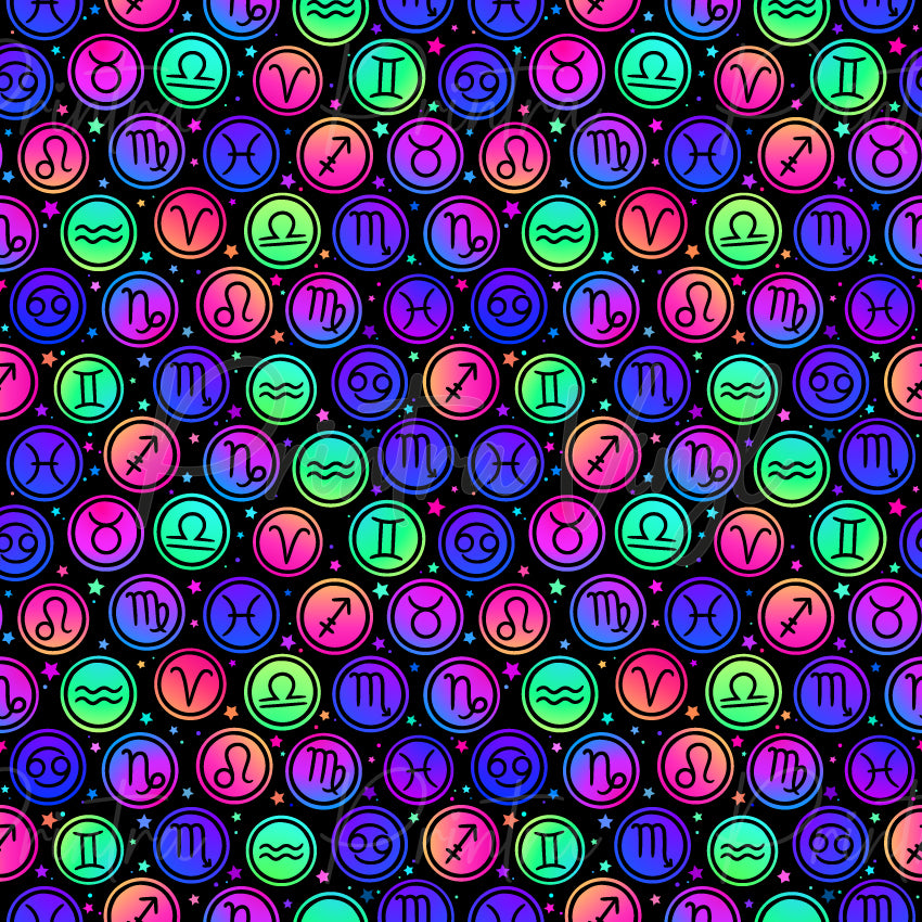Zodiac Icons #02 patterned vinyl featuring an all-over scatter of zodiac symbol badges in vibrant neon gradients of pink, purple, blue, aqua, mint green and peach, accented with colourful stars on a bold black background.