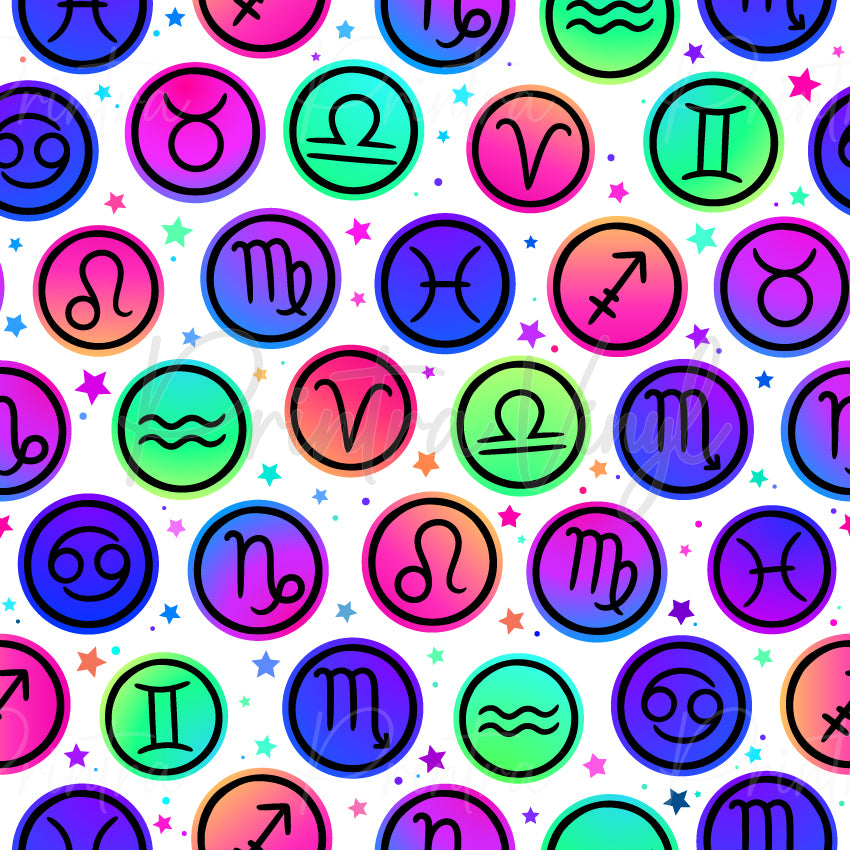 Zodiac Icons #03 patterned vinyl featuring colourful zodiac symbol badges in vibrant neon gradients of pink, purple, blue, aqua, mint green and peach, scattered across a crisp white background with bright multicoloured stars and celestial accents.