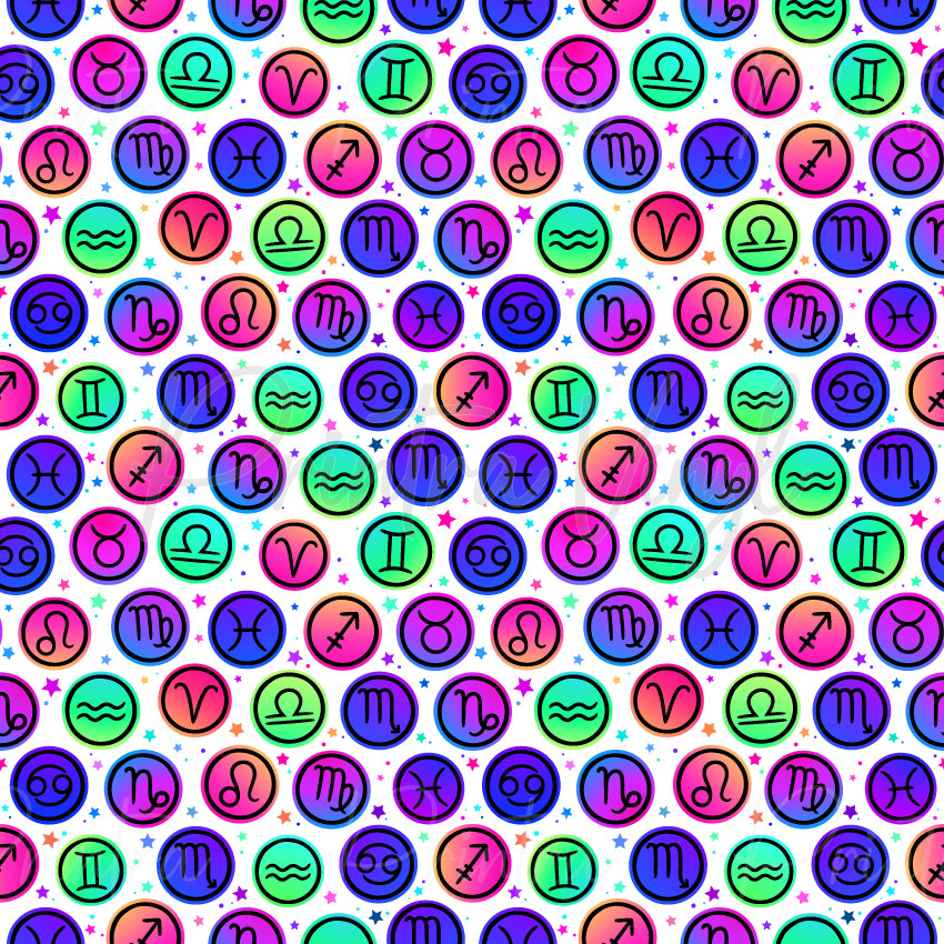Zodiac Icons #04 patterned vinyl featuring an all-over scatter of zodiac symbol badges in vibrant neon gradients of pink, purple, blue, aqua, mint green and peach, layered across a crisp white background with multicoloured stars, dots and celestial accents.