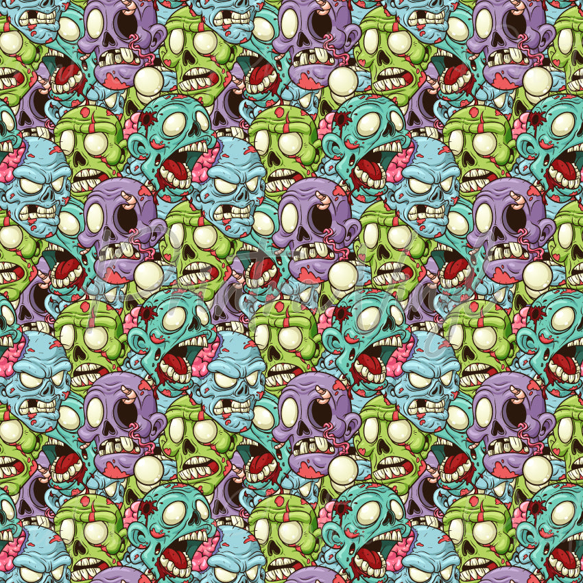 Zombie Horde patterned vinyl featuring a chaotic crowd of cartoon zombie faces in vibrant shades of green, blue, purple, and teal, with exaggerated eyes, exposed brains, stitched details, and gruesome horror-inspired features for a bold spooky design.