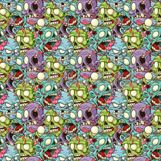 Zombie Horde patterned vinyl featuring a chaotic crowd of cartoon zombie faces in vibrant shades of green, blue, purple, and teal, with exaggerated eyes, exposed brains, stitched details, and gruesome horror-inspired features for a bold spooky design.